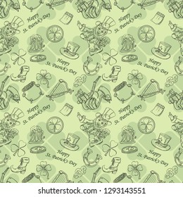 vector contour illustration seamless pattern on the theme of St. Patricks day celebration, from the outline drawings of the festive theme background can be changed