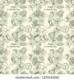 vector contour illustration seamless pattern on the theme of St. Patricks day celebration, from the outline drawings of the festive theme background can be changed