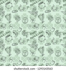 vector contour illustration seamless pattern on the theme of St. Patricks day celebration, from the outline drawings of the festive theme background can be changed