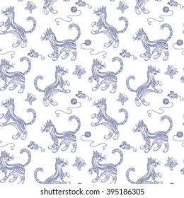 vector contour illustration, seamless pattern, cat playing with the mouse