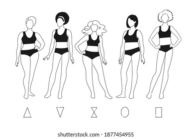 Vector contour illustration set of body positive female characters isolated on white background.
