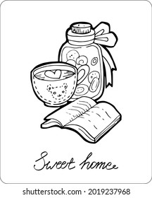 Vector contour illustration. A sketch with cute household items. Coffee with cookies and a book. Suitable for postcards, business cards, children's clothing, holidays and tattoos.