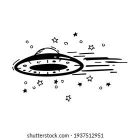 Vector contour illustration of a space flying saucer on a white isolated background. The drawing can become a print, a decor, a sticker.