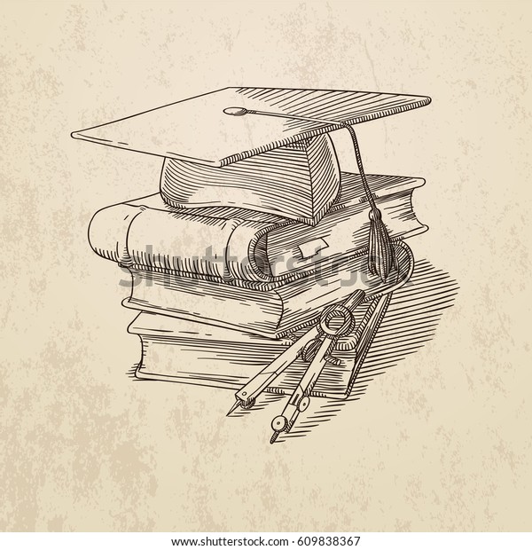 Vector\
contour illustration with a square academic cap, a pile of books\
and a divider tool. Engraving style, in\
sepia.