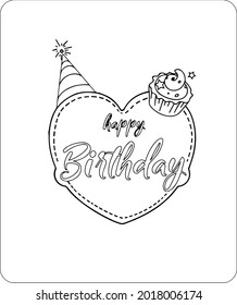 Vector contour illustration. Sticker, label, postcard, coloring with the image of a heart with the inscription Happy birthday.