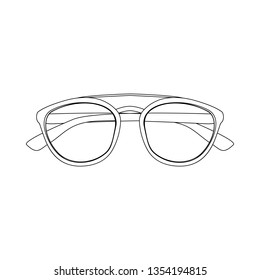 Vector Contour Illustration of Sunglasses. Drawing of Eyeglasses in Line Art Style. Black Outline Drawing of Glasses isolated on White Background. Concept of Summer Object