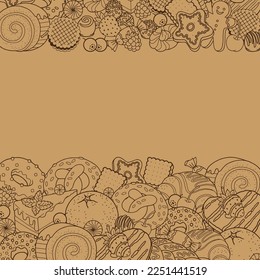 Vector contour illustration of sweet food, candies, pastries, desserts, baked products. Background pattern for Menu