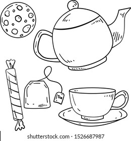 Vector contour illustration with teapot, cup, tea bag, candy and cookie on white background. Good for printing. Postcard and logo idea. Coloring book design. Tea time isolated doodle set.