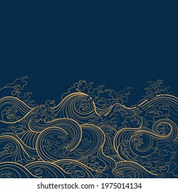 Vector contour illustration, template for graphic design depicting sea waves in traditional oriental style. A place for text.