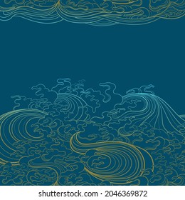 Ilustración del contorno vectorial, plantilla para el diseño gráfico que representa las olas del mar en el estilo oriental tradicional. Un lugar para el texto.