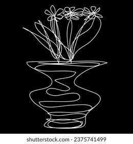 Vector contour illustration of a vase with flowers drawn in a linear style with white cartoon on a black background