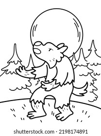 Vector contour illustration of a werewolf in the forest. Coloring page with a funny Halloween character.