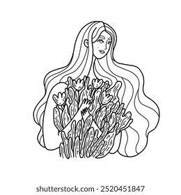 Ilustración del contorno del Vector de una mujer con un ramo de flores en sus manos. El personaje encarna la armonía, el amor y la auto-curación en un ambiente pacífico.