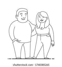 Vector Contour Illustrations Of Couples, Family; Father And Mother; Girl And Boy Students. Happy Overweight Couple. Fat Young People. For Coloring Book.