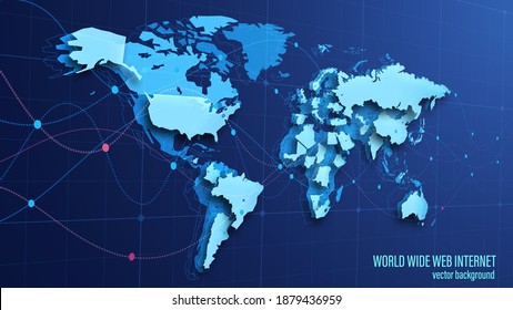 Vector. Contour image of planet Earth with continents and countries. Economic ties. Global communication system and the Internet. Blue technological background. 3D effect and perspective.