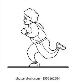 Vector contour Image Of A Running Old Woman. The Old Woman In A Tracksuit, Sneakers. Elderly Woman, Senile People Concept, Logo. Isolated on white background