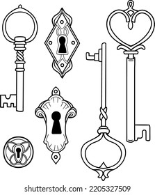 vector contour image of vintage keys and keyholes