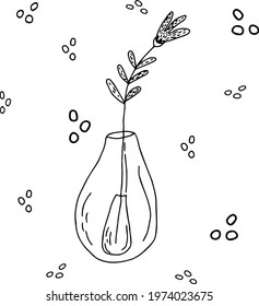 vector contour isolated flower in glass vase bottle. Twig with leaves and a flower surrounded by bubbles