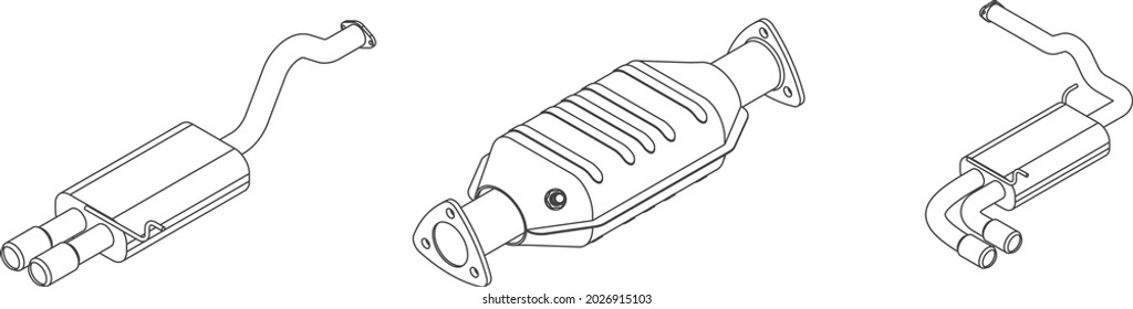 Vector contour isometric illustration of car exhaust pipe and catalytic converter system - line art