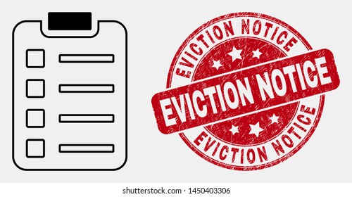 Vector contour items pad icon and Eviction Notice seal. Blue round distress seal with Eviction Notice title. Black isolated items pad icon in line style.