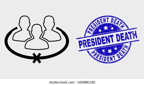 Vector contour jailed persons icon and President Death seal. Blue round distress stamp with President Death message. Black isolated jailed persons icon in stroke style.