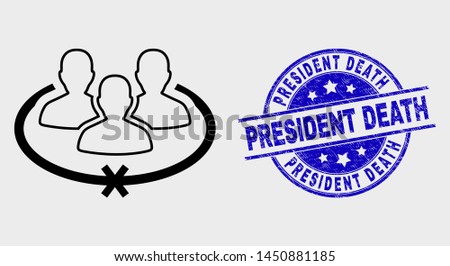 Vector contour jailed persons icon and President Death seal. Blue round distress stamp with President Death message. Black isolated jailed persons icon in stroke style.