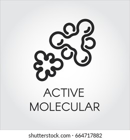 Vector contour label of active molecular structure. Logo in outline style. Black pictograph for study, science, medicine concept. Linear chemical icon