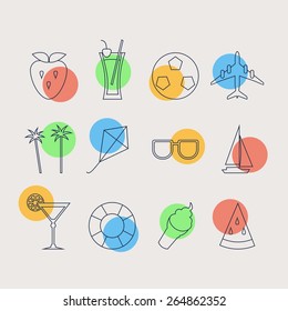 Vector contour line set of minimal icons. Summer collection