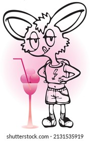Vector contour linear image of a fashionable eared fox with pink ice cream and with a backpack