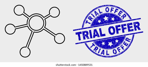 Vector contour links icon and Trial Offer seal stamp. Blue round distress stamp with Trial Offer phrase. Black isolated links icon in line style.