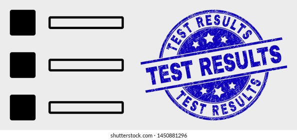 Vector contour list items icon and Test Results seal stamp. Blue rounded grunge seal stamp with Test Results phrase. Black isolated list items icon in linear style.