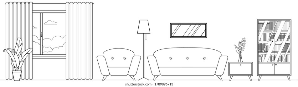 Vector contour living room interior with furniture. Comfortable sofa, chair, bookcase, houseplant, window. For coloring book. Flat style vector illustration.