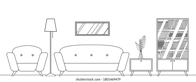 Vector contour living room interior with furniture. Comfortable sofa, chair, bookcase, lamp. For coloring book. Flat style vector illustration.