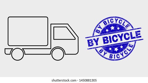 Vector contour lorry pictogram and By Bicycle seal stamp. Blue round distress seal stamp with By Bicycle text. Black isolated lorry pictogram in outline style.