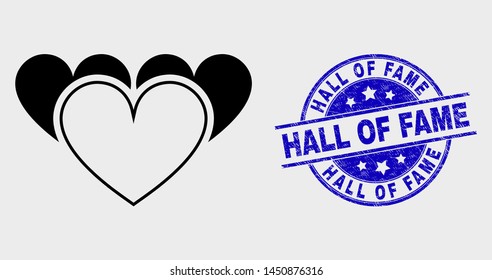 Vector contour love hearts icon and Hall of Fame seal stamp. Blue rounded textured stamp with Hall of Fame text. Black isolated love hearts pictogram in contour style.