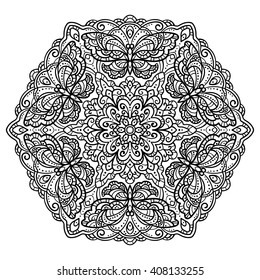 vector, contour, mandala, black and white illustration, flower, butterfly, ornament in a circle, ethnic style, coloring book,design element, abstract, doodle 