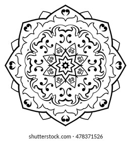 Vector contour mandala on a white background. Oriental ornament. Round element for design. Sketch for tattoo.