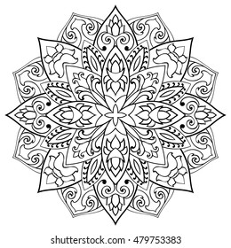Vector contour mandala on a white background. Oriental ornament. Round element for design. Sketch for tattoo.
