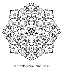 Vector contour mandala on a white background. Oriental ornament. Round element for design. Sketch for tattoo. Template for coloring book.