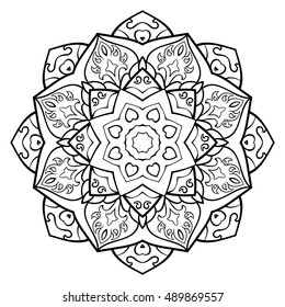 Vector contour mandala on a white background. Oriental ornament. Round element for design. Sketch for tattoo. Template for coloring book. T-shirt print.
