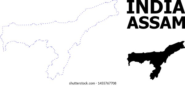 Vector contour Map of Assam State with caption. Map of Assam State is isolated on a white background. Simple flat dotted geographic map template.