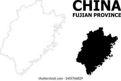 Vektorillustration Umriss Karte der Provinz Fujian mit Namen. Karte der Provinz Fujian ist einzeln auf weißem Hintergrund. Einfache flache gepunktete geografische Kartenvorlage.