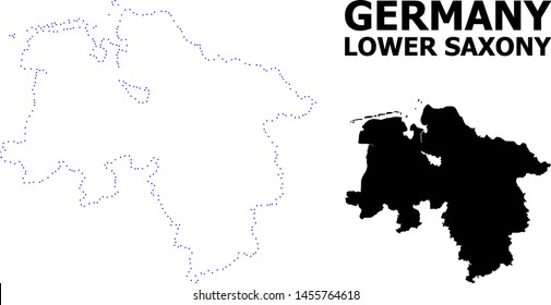 Vector contour Map of Lower Saxony State with name. Map of Lower Saxony State is isolated on a white background. Simple flat dotted geographic map template.