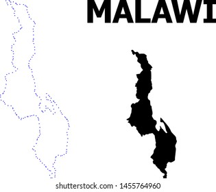 Vector contour Map of Malawi with name. Map of Malawi is isolated on a white background. Simple flat dotted geographic map template.