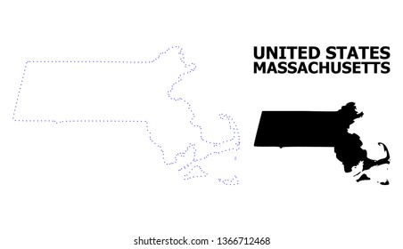 Vector contour Map of Massachusetts State with name. Map of Massachusetts State is isolated on a white background. Simple flat dotted geographic map template.