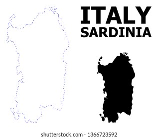 Mapa del contorno vectorial de la región de Cerdeña con título. Mapa de la región de Cerdeña está aislado en un fondo blanco. Simple plantilla de mapa geográfico con puntos plano.