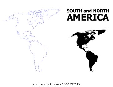 Vector contour Map of South and North America with title. Map of South and North America is isolated on a white background. Simple flat dotted geographic map template.