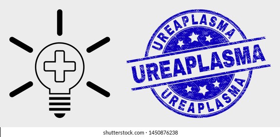 Vector contour medical lamp light icon and Ureaplasma stamp. Blue rounded textured stamp with Ureaplasma title. Black isolated medical lamp light icon in outline style.