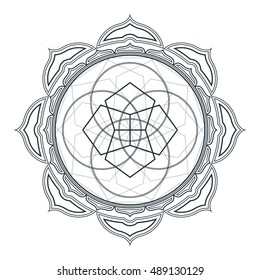 vector contour monochrome design mandala sacred geometry illustration seed of life pentagons lotus isolated white background  

