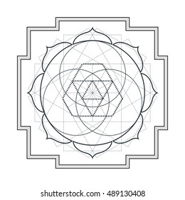 vector contour monochrome design mandala sacred geometry illustration hexagons bhupura isolated white background  